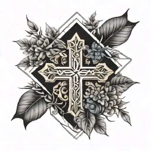 Cross And Nature Chest Tattoo Design