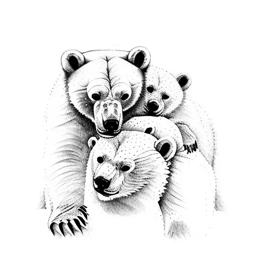 Watercolor Polar Bear With Two Cubs