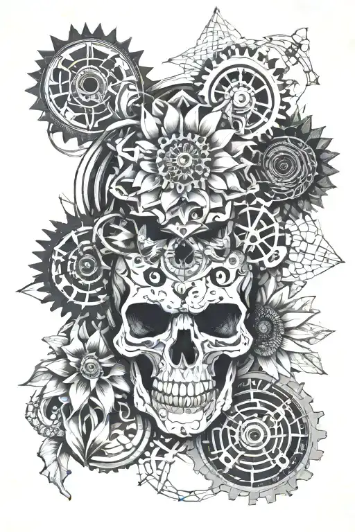 Half Skull With Snake Wrapped Around A Sunflower And Gears With A Few Stars
