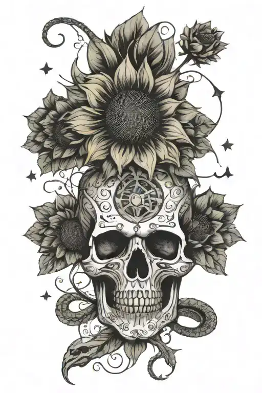 Top Half Skull With Snake Wrapped Around A Sunflower Growing With Stars