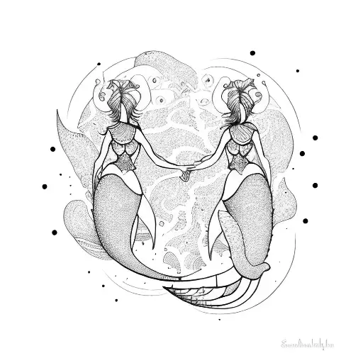 A Sketch-style Illustration Of Two Graceful Mermaids Representing Gemini