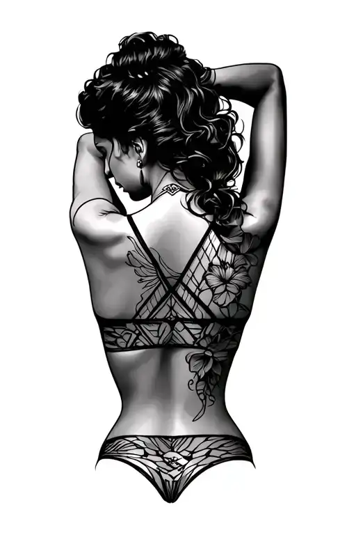Pin Up Girl With Her Back Facing Forward Looking Over Shoulder With No Top On Wearing A Thong
