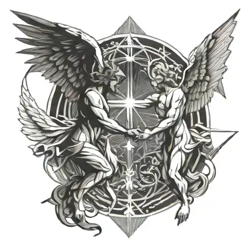 Angel And Demon Fighting Over Soul Pulling Upwards To Heaven And Downward Toward Hell