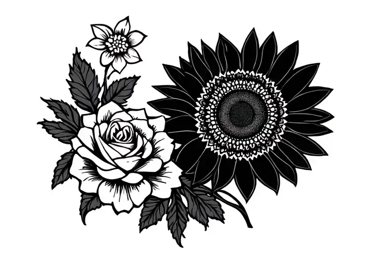 Sunflower And Rose And Mandala And Forget Me Nots