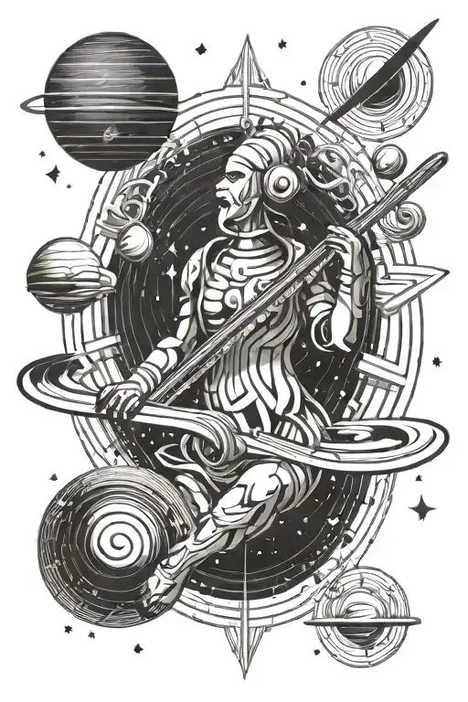 Pan Playing Flute To Planet Saturn Planet