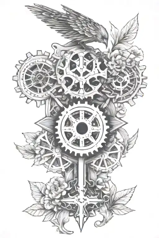 Gears With Flowers A Cross And A Bird
