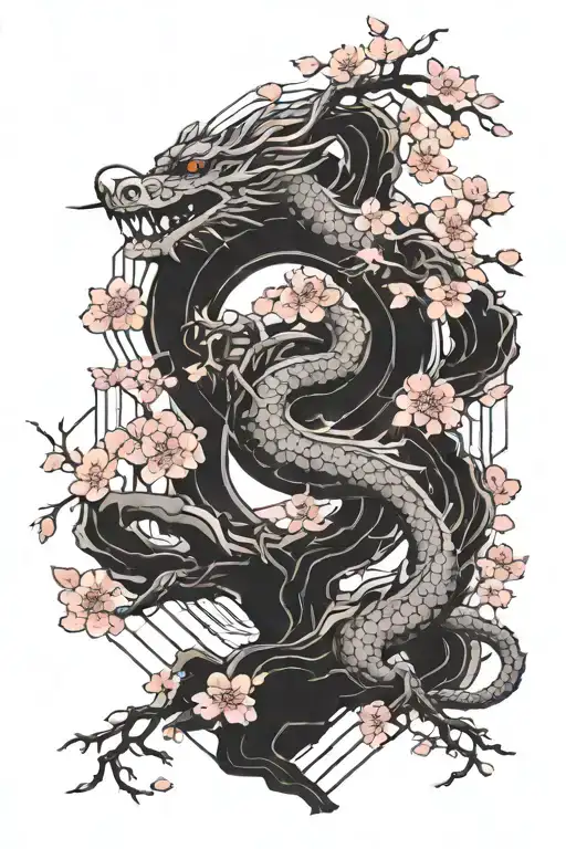 Cherry Blossom Tree And Japanese Dragon