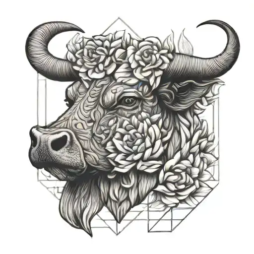 Bull With Carnation Crown Surrounded By Bold Flowers