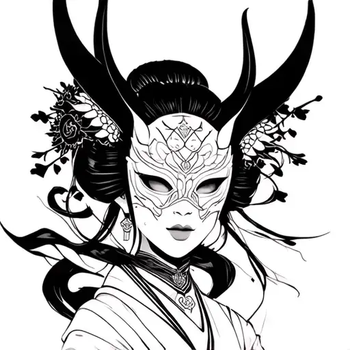 Geisha With A Mask Of A Cyber Demon