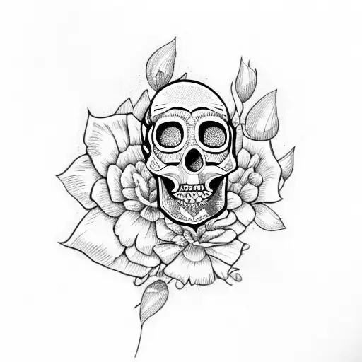 Skull With White Flower A And Butterfly Blue