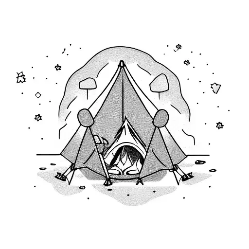 A Camping Scene With A Shiba Inu Roasting Marshmallows Over A Campfire