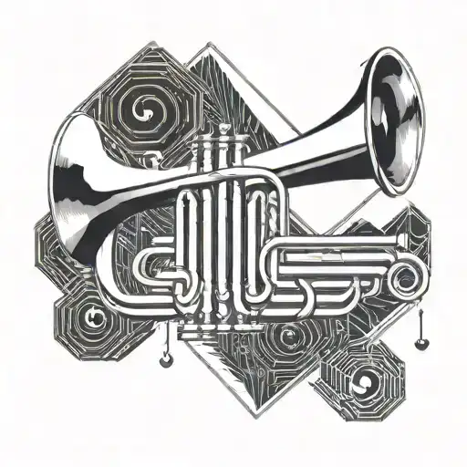 Trumpet In A Hexagonal Frame With Sheet Music Behind It