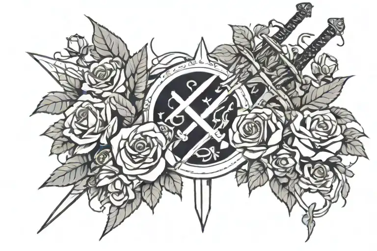 Swords Stuck In A Rock Surrounded By A Vine Of Roses