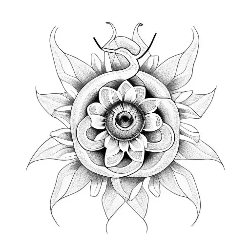 A Snake With An Iris Flower And A Sunflower