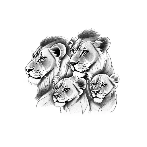 Lion Lioness And 4 Cubs