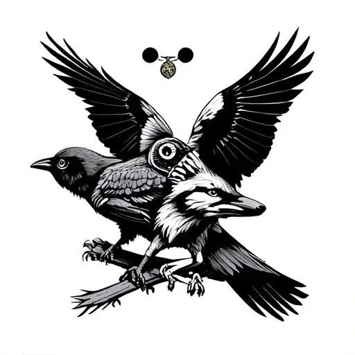 A Crow And An Owl Fighting Behind A Fox With A Ww1 Medal In His Mouth