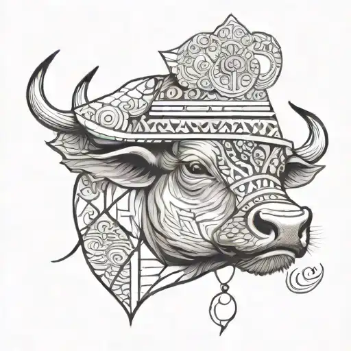 Baby Water Buffalo Head With Chinese Hat Adorned