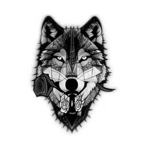 A Wolf With A Rose In Its Mouth Half Geometric