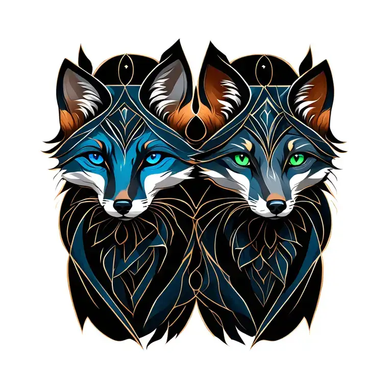 Gemini Zodiac With Two Foxs One With Blue Eyes And The Other With One Blue And One Green