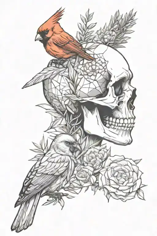 Side Profile Of A Skull With Rosemary And Lilac Also With A Male And Female Cardinal