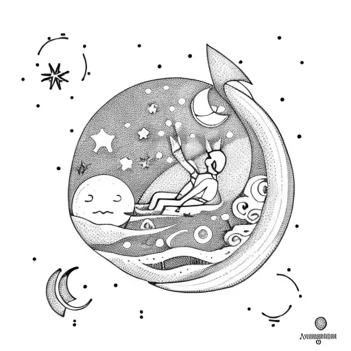 A Surreal Scene Of A Dreamer Floating Among A Sea Of Stars And A Crescent Moon
