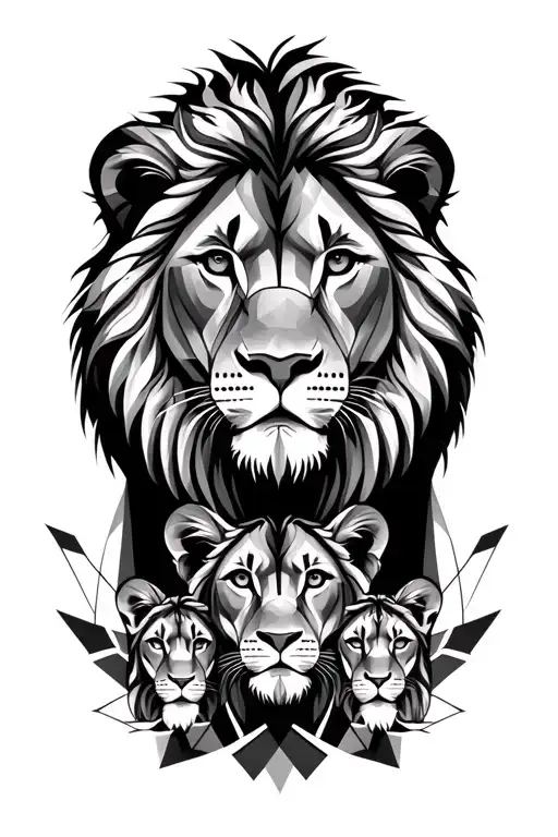 Lion With Lioness And Cub Faces