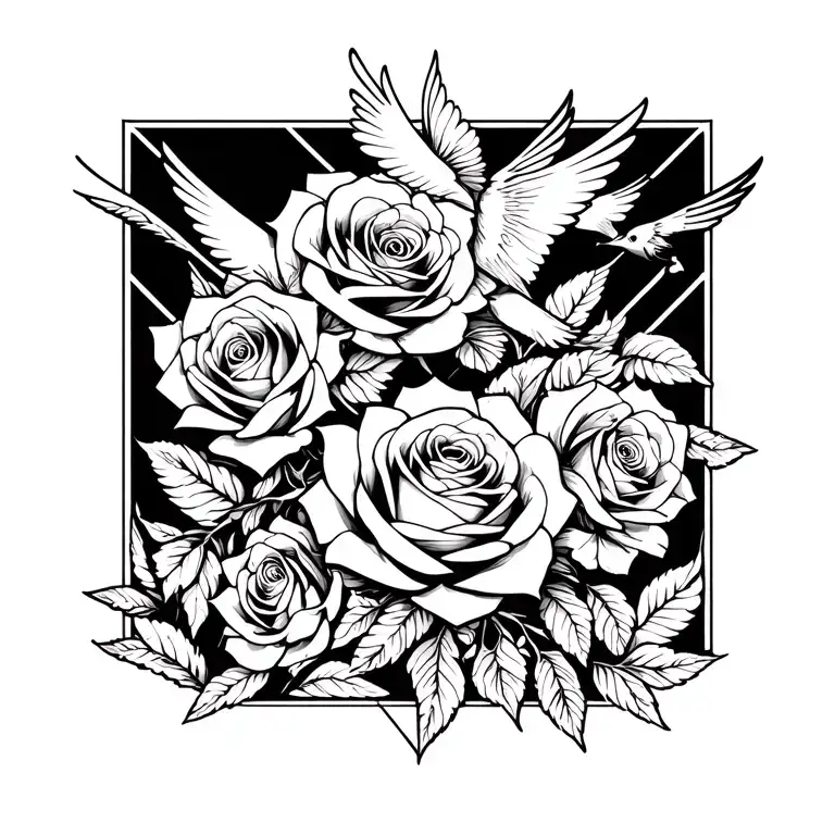 Roses And Birds Flying