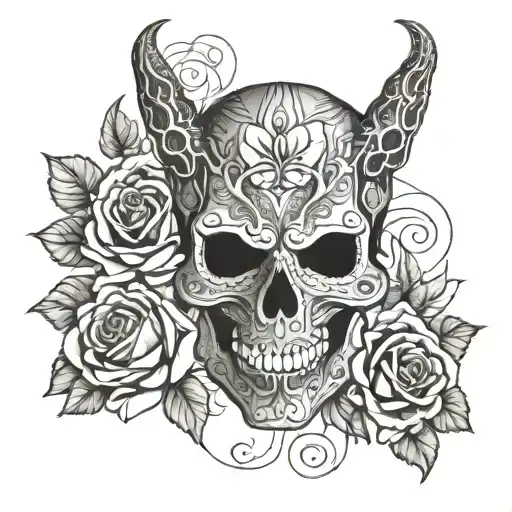 Vejigante Devil Mask Or Mexican Skull Surrounded By Roses