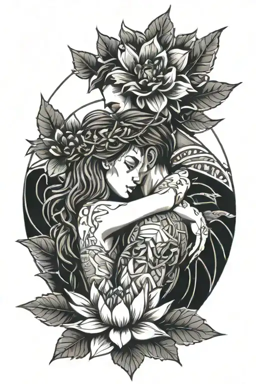 A Guy With A Crown Of Thorns Hugging A Girl Crying Surrounded By Lotus Flowers