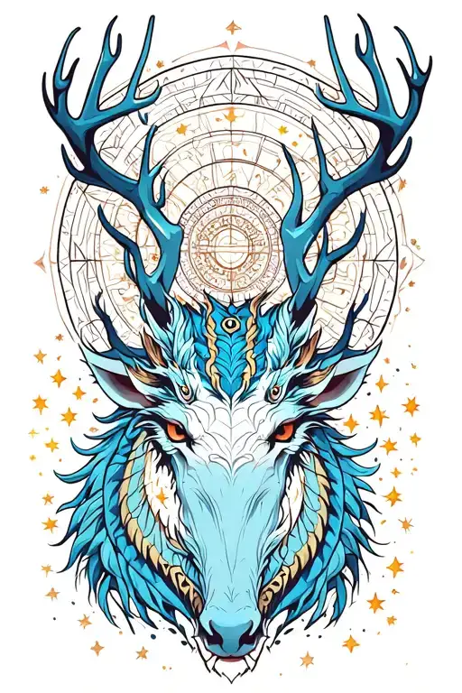 Crossover Stag With Kirin Blue Dragon Whit Dharma Wheel In Nature With 26 Little Stars