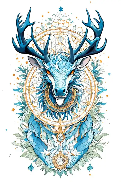 Crossover Stag With Kirin Blue Dragon Whit Dharma Wheel In Nature With 26 Little Stars