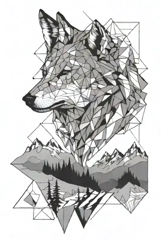 Geometric Wolf Head On Mountains