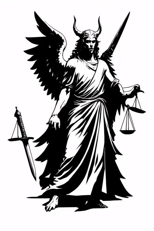 Angel Half Demon Holding A Sword In One Hand And A Scale Of Justice