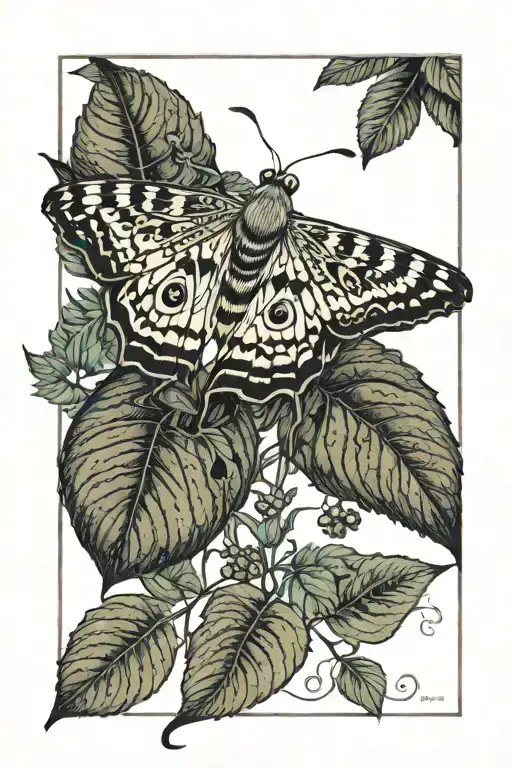 Moth Resting On Morning Glory Vine With Fern Spirals And Blackberry Plant