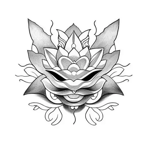 Oni Mask And Lotus Flower
