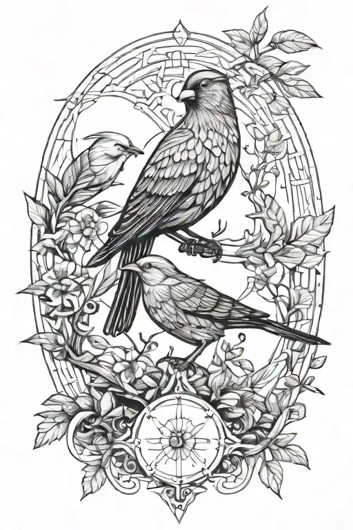 Conceptual Tattoo With Different Bird Species And Their Latin Names And Trees