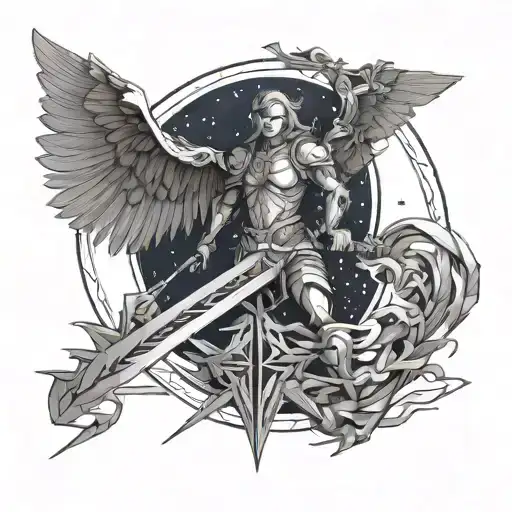 Arch Angel With Sword Surrounded By Stary Beach Night