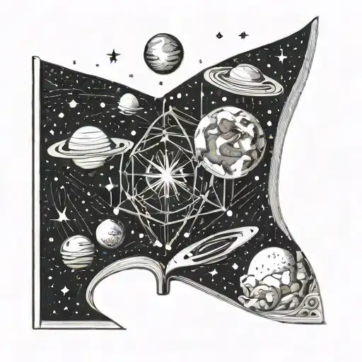 Fine Line Open Book With Planets And Stars