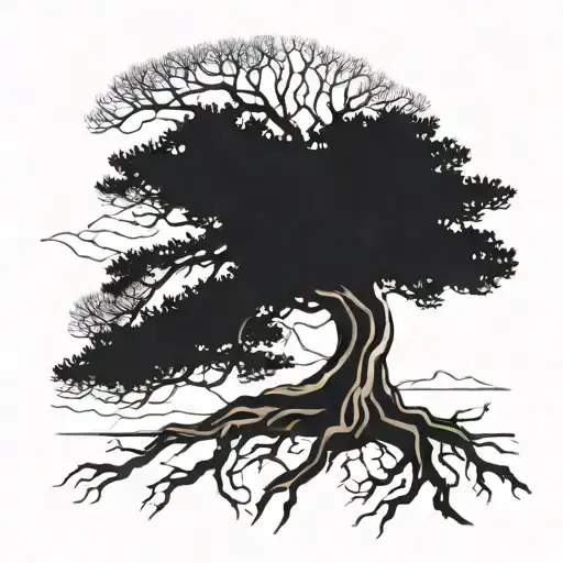 Stone Pine Tree With Roots In Black And White