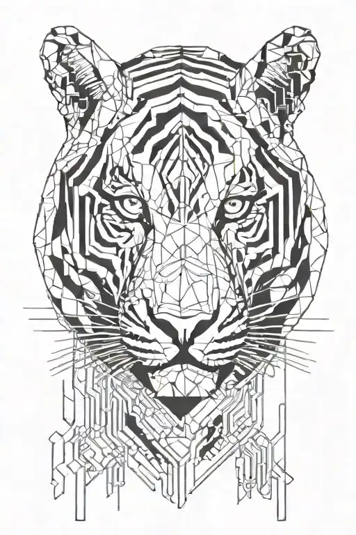 A Minimalist Geometric Tiger Head With Circuit Board Patterns Integrated Into The Design