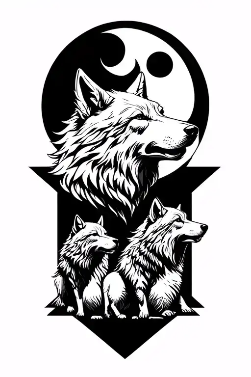 White Wolf Head Howling Moon And Three Wolf Cubs Surrounded