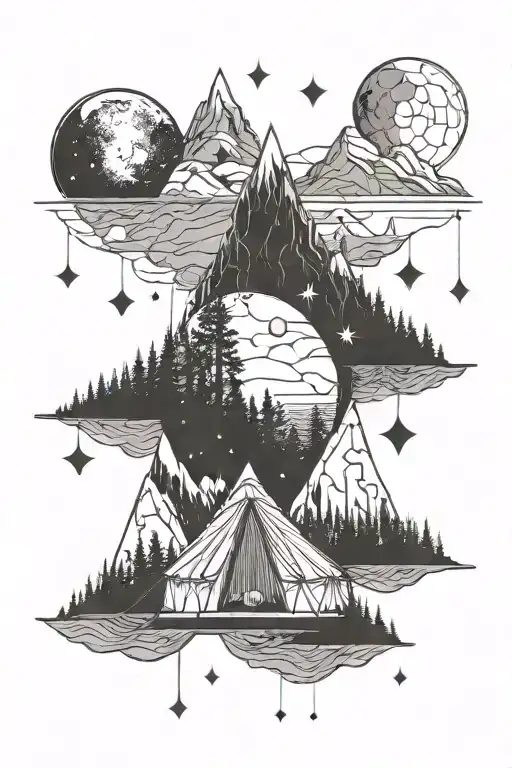 Mountains Trees Tent Moon Starts Planets