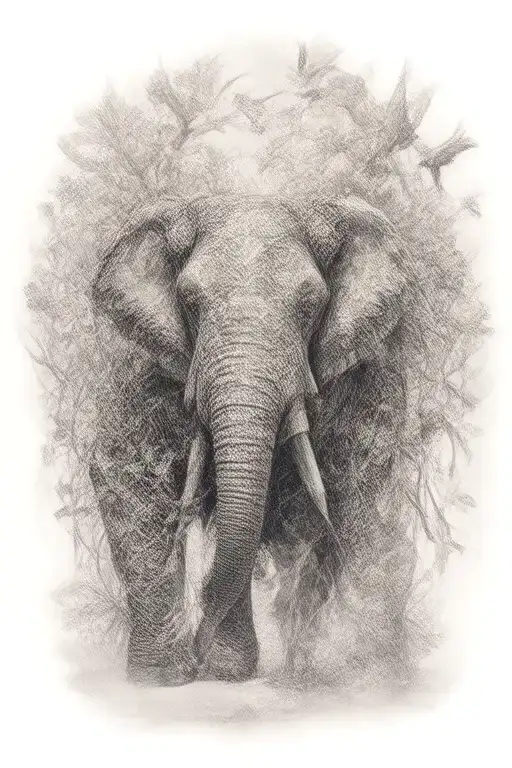 Walking Elephant With Birds And Trees