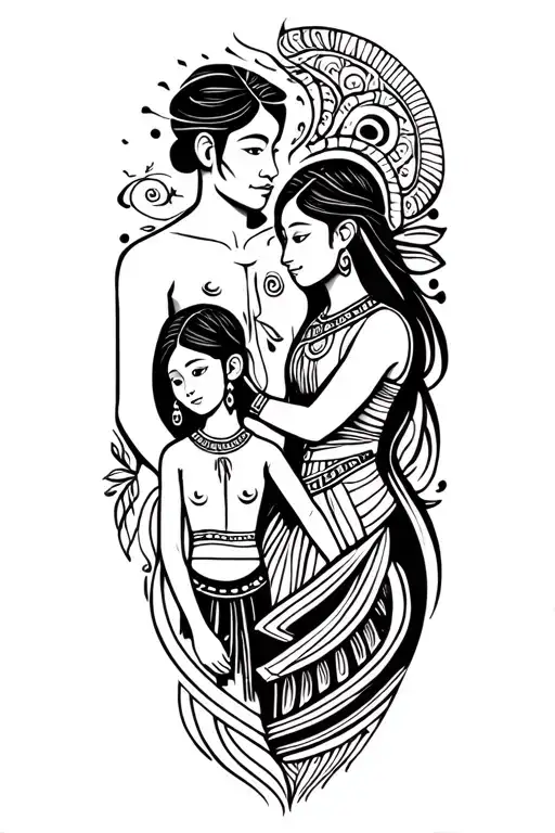 Maori Style Tattoo With A Family Of Two Adults And One Little Girl