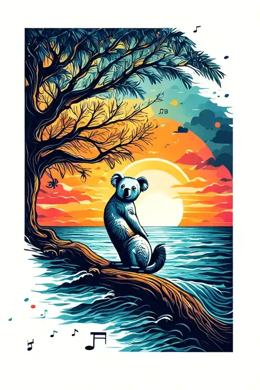 Sunset Over The Ocean And Music Note Intertwined And A Tree With A Koala