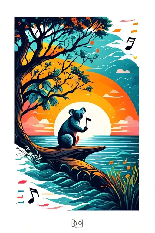 Sunset Over The Ocean And Music Note Intertwined And A Tree With A Koala