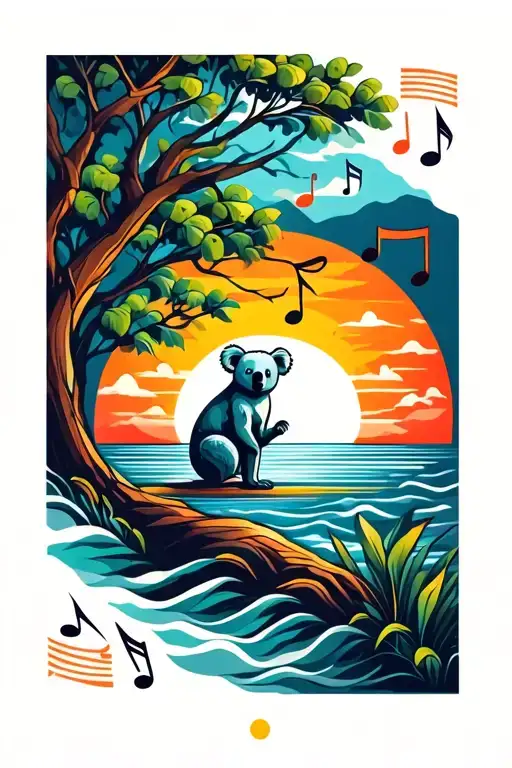 Sunset Over The Ocean And Music Note Intertwined And A Tree With A Koala