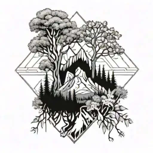 Mountain And Oak Tree Growing