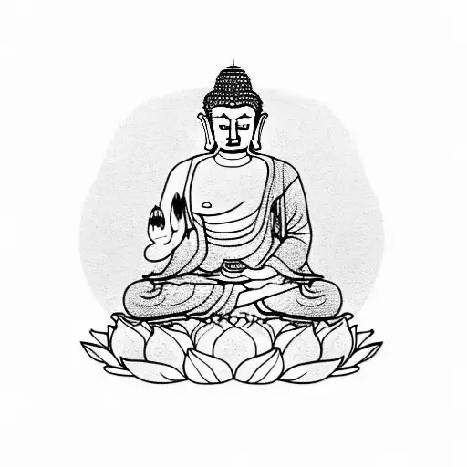 Buddha In Lotus Garden Near Pond Of Koi And Samurai