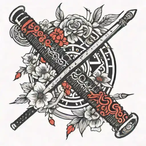 Japanese Katana Surrounded By Red Licorice Flowers